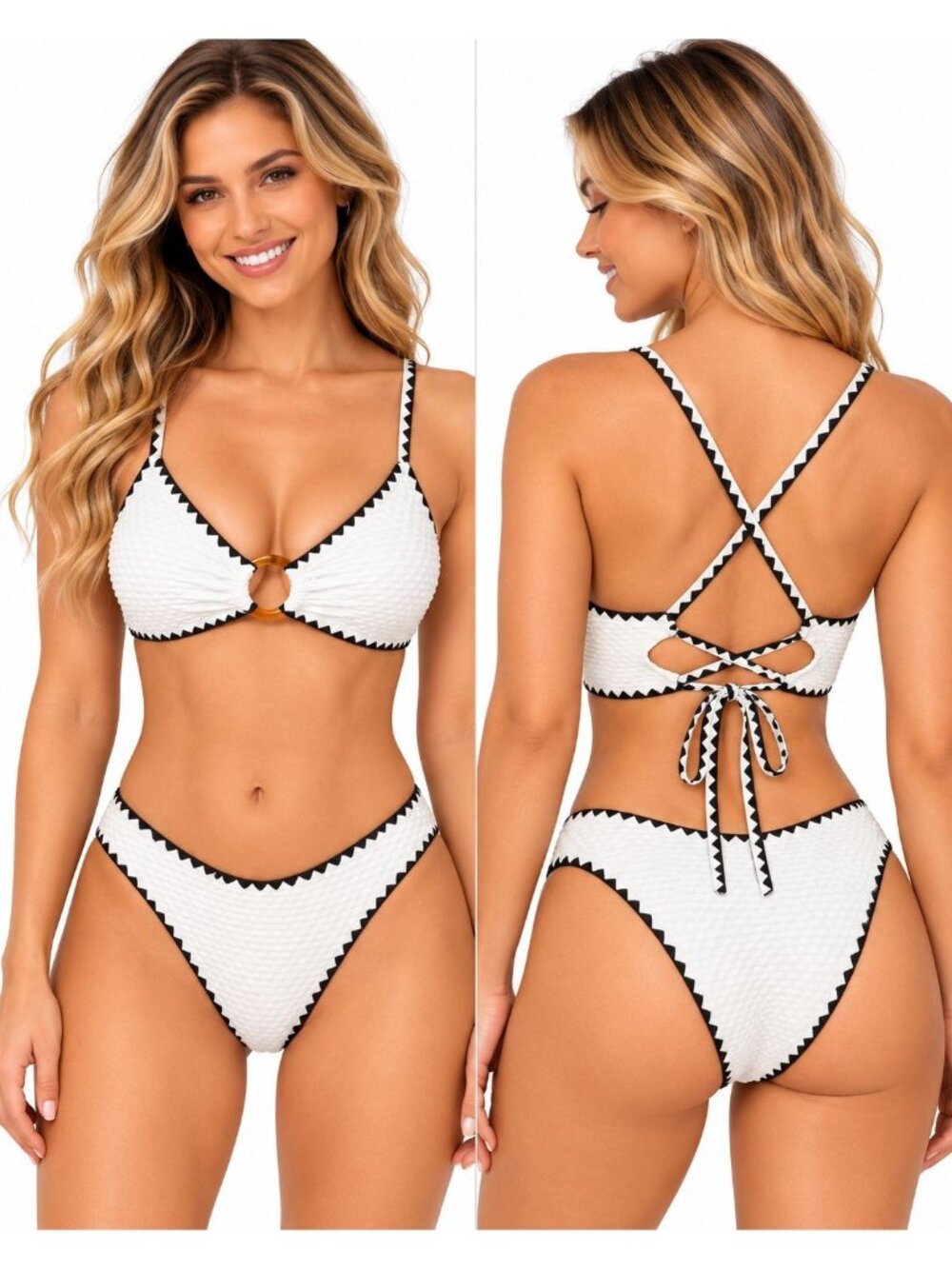ZAFUL Small White Black O Ring High Cut Lace Up Bikini Set NWT